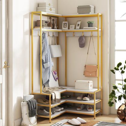 Goflame Corner Coat Rack with Shoe Bench, L-shaped Garment Rack with 5 Shelves & 7 Hooks
