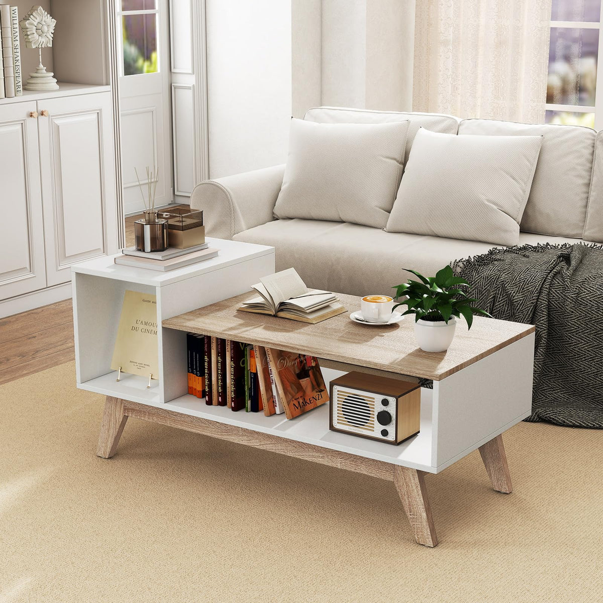 Goflame 2-Tier Coffee Table with Storage Mid Century Modern Center Table