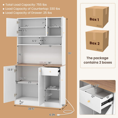 Goflame Kitchen Pantry Cabinet, 71” Tall Buffet Cabinet with Hutch, Built-in Power Outlet