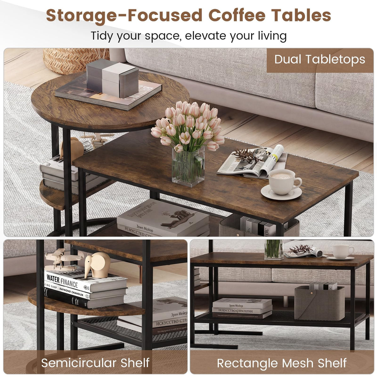 Goflame Nesting Coffee Table Set of 2 Detachable Rectangular Table