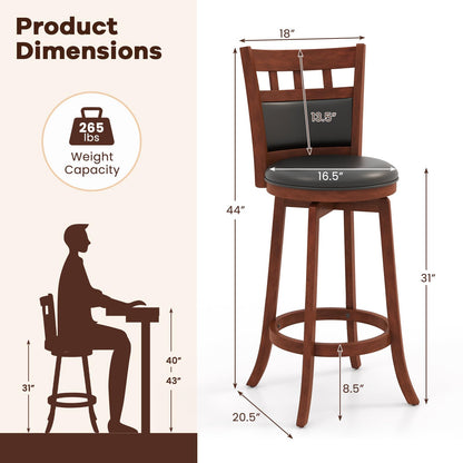 Goflame Wood Bar Stools Set, 31" Swivel Bar Height Barstools w/Back, Rubber Wood Frame