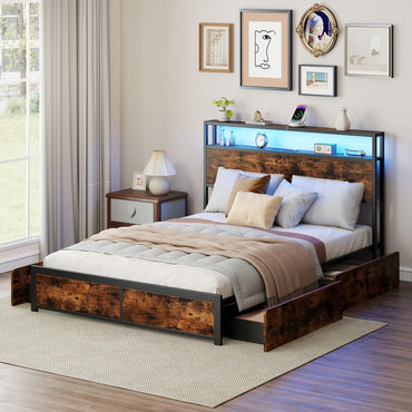 Goflame Queen/Full Size LED Bed Frame with Charging Station & 4 Storage Drawers