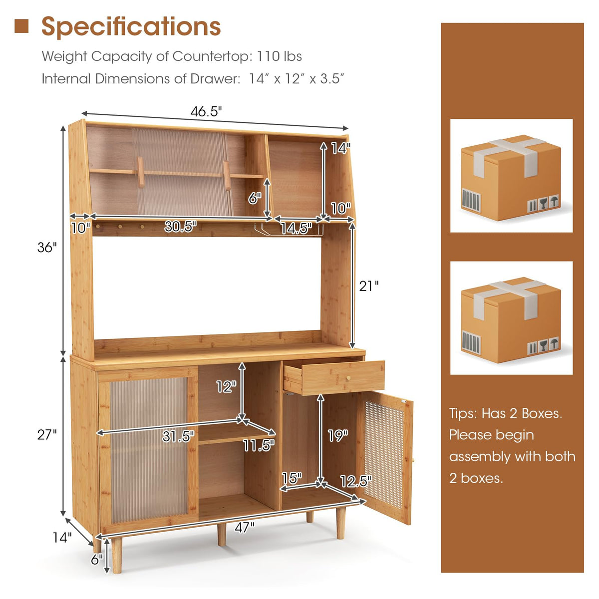 Goflame Pantry Cabinet 69" Bamboo Hutch Cabinet with Storage