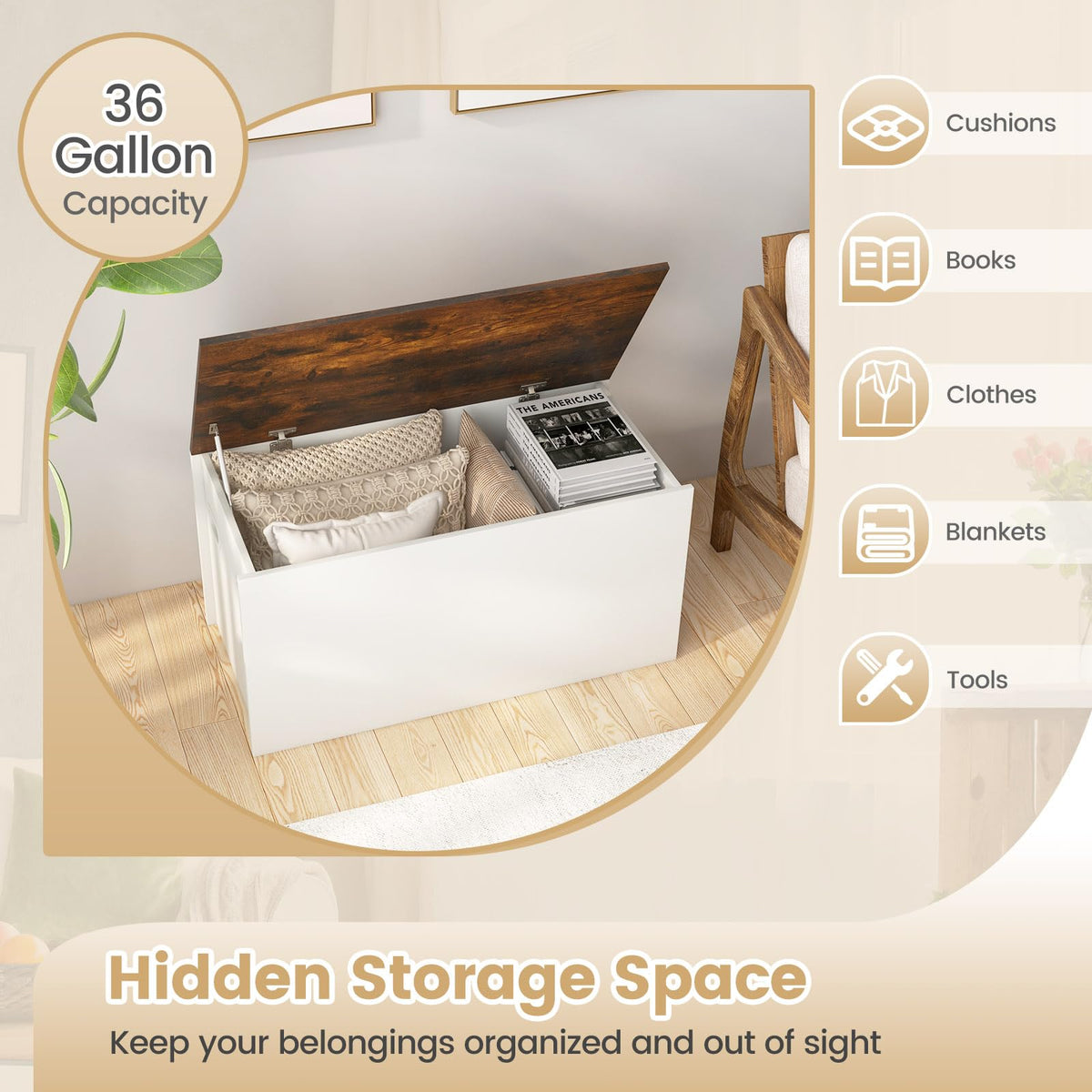 Goflame Flip-top Storage Chest, Lift Top Storage Bench w/Pneumatic Rod & Safety Hinges