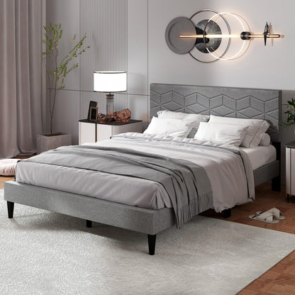 Goflame Queen/Full/Twin Size Upholstered Bed Frame Modern Platform Bed with Linen Fabric Geometric Headboard