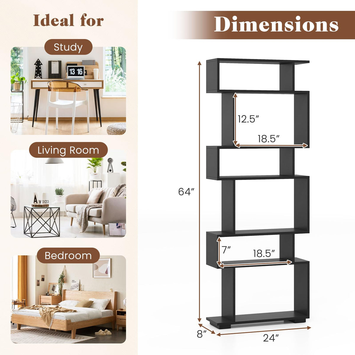Goflame S Shaped Bookcase with 2 Anti Tipping Kits