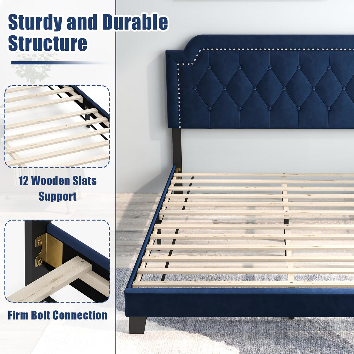 Goflame Velvet Queen Size Bed Frame, Upholstered Platform Bed with Button Tufted & Nailhead Trim Headboard