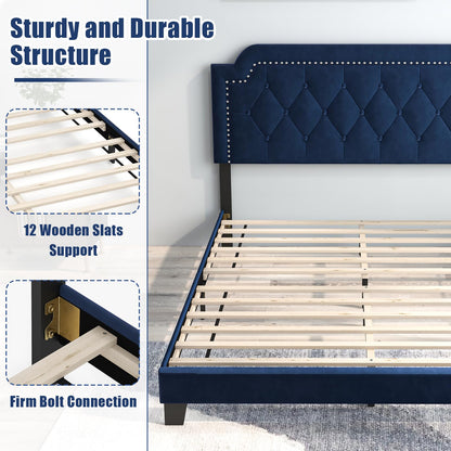 Goflame Velvet Queen Size Bed Frame, Upholstered Platform Bed with Button Tufted & Nailhead Trim Headboard