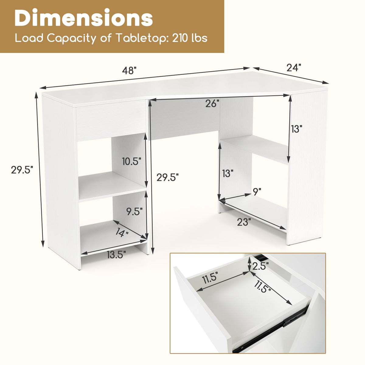 Goflame White Desk with Drawer 48 Inch Corner Desk