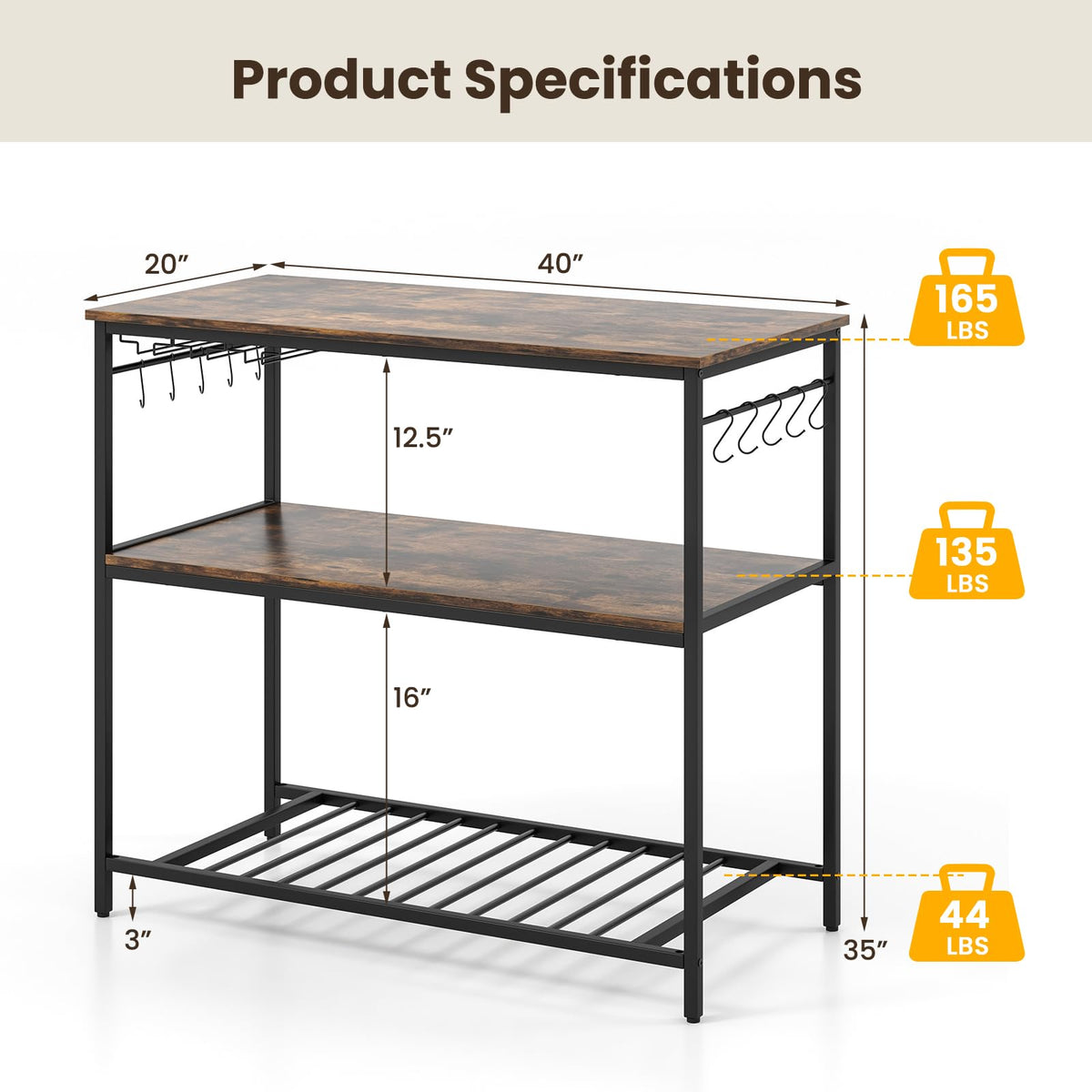 Goflame Kitchen Baker Rack with 3 Tier Storage Shelves, 10 Hooks, Glass Holder, 40" Stationary Island with Spacious Worktop