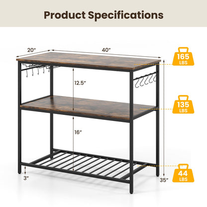 Goflame Kitchen Baker Rack with 3 Tier Storage Shelves, 10 Hooks, Glass Holder, 40" Stationary Island with Spacious Worktop