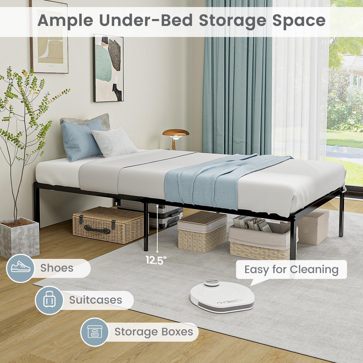 Goflame Twin Bed Frame, 14 Inch Metal Platform Bed with Under Bed Storage Space, Heavy-Duty Steel Slat Mattress Foundation