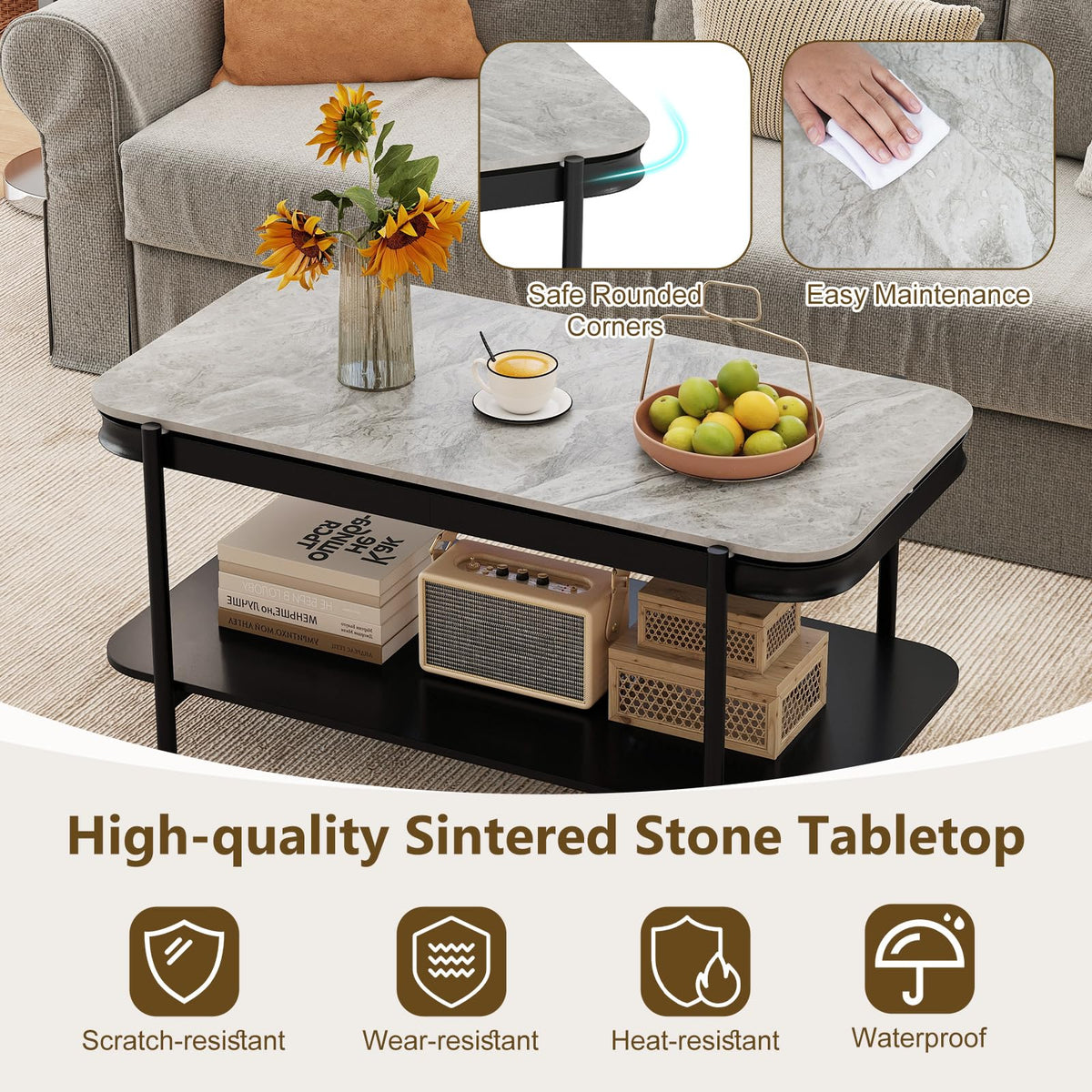 Goflame 2-Tier Coffee Table with Storage Faux Mable Center Table w/Sintered Stone Top
