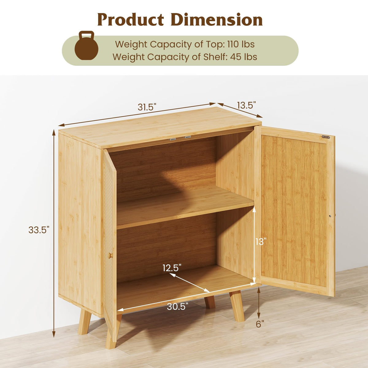 Goflame 2 Tier Bamboo Sideboard with PE Rattan Decorated Doors