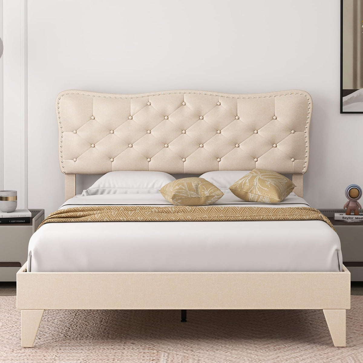 Goflame Full Size Bed Frame Beige, Linen Fabric Upholstered Platform Bed Frame with Nail Headboard