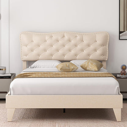 Goflame Full Size Bed Frame Beige, Linen Fabric Upholstered Platform Bed Frame with Nail Headboard