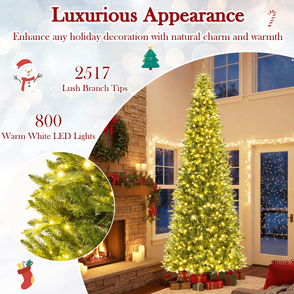 Goflame 12 FT Tall Pre-Lit Hinged Xmas Tree with Quick Power Connector