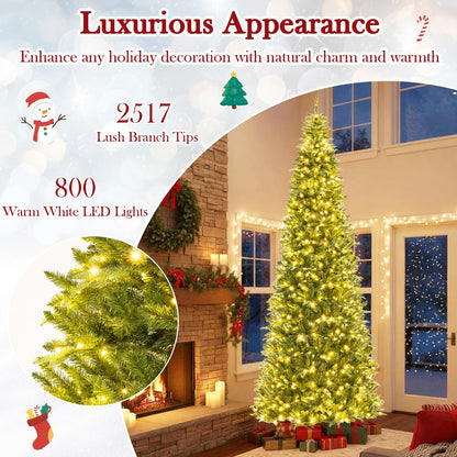 Goflame 12 FT Tall Pre-Lit Hinged Xmas Tree with Quick Power Connector