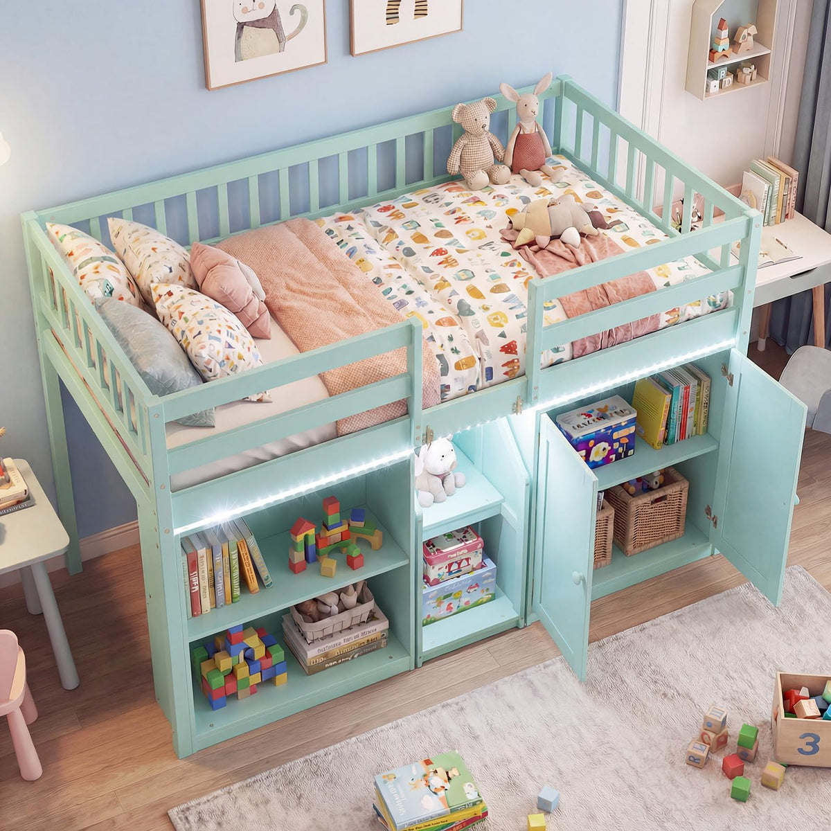 Goflame Low Loft Bed Twin Size with LED Lights, Wooden Bed Frame