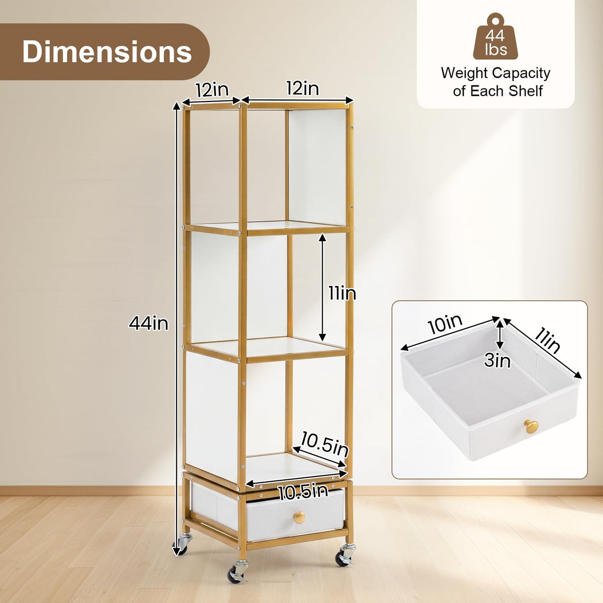 Goflame 4-Tier Rotating Bookshelf | 360° Spinning Corner Book Shelf Tower W/Removable Fabric Storage Drawer