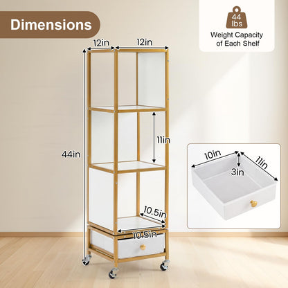 Goflame 4-Tier Rotating Bookshelf | 360° Spinning Corner Book Shelf Tower W/Removable Fabric Storage Drawer