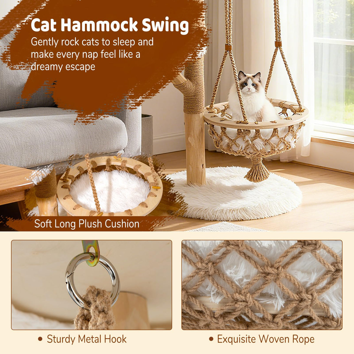 48.5" Solid Wood Cat Tree, Natural Branch Modern Kitten Tower w/ Hanging Cradle, Jute Scratching Post, Perch, Padded Platform, Soft Plush, Luxury Condo, 4-Tier Indoor Cat Climbing Furniture