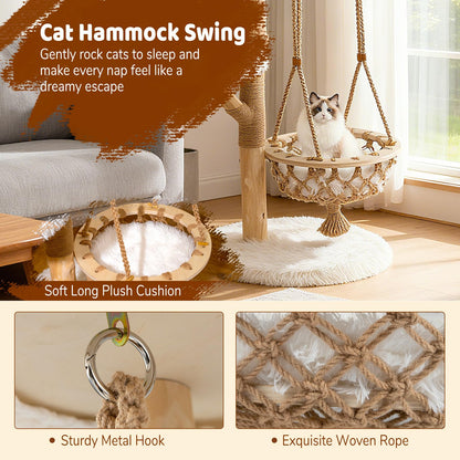 48.5" Solid Wood Cat Tree, Natural Branch Modern Kitten Tower w/ Hanging Cradle, Jute Scratching Post, Perch, Padded Platform, Soft Plush, Luxury Condo, 4-Tier Indoor Cat Climbing Furniture