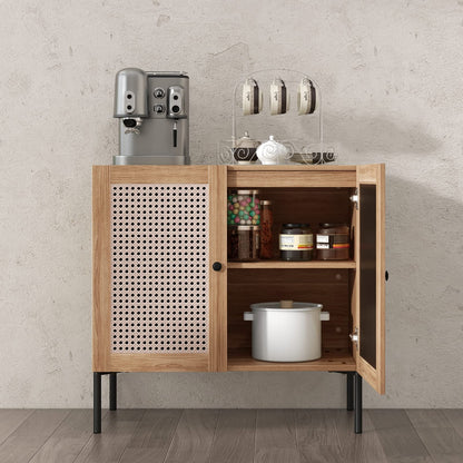 Goflame Buffet Cabinet, Wood Sideboard Storage Cabinet with Rattan Door, 3-Position Adjustable Shelf