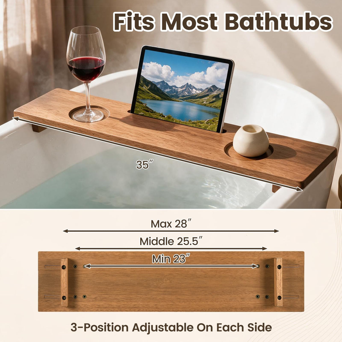 GOFLAME 35" Wood Bathtub Tray with Slots, Adjustable Width