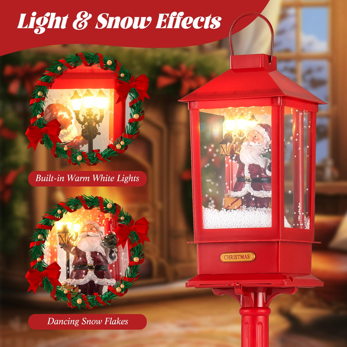 Goflame 61 Inch Christmas Street Lamp, Festive Musical Lamp Post w/Detachable Snow Globe Lantern