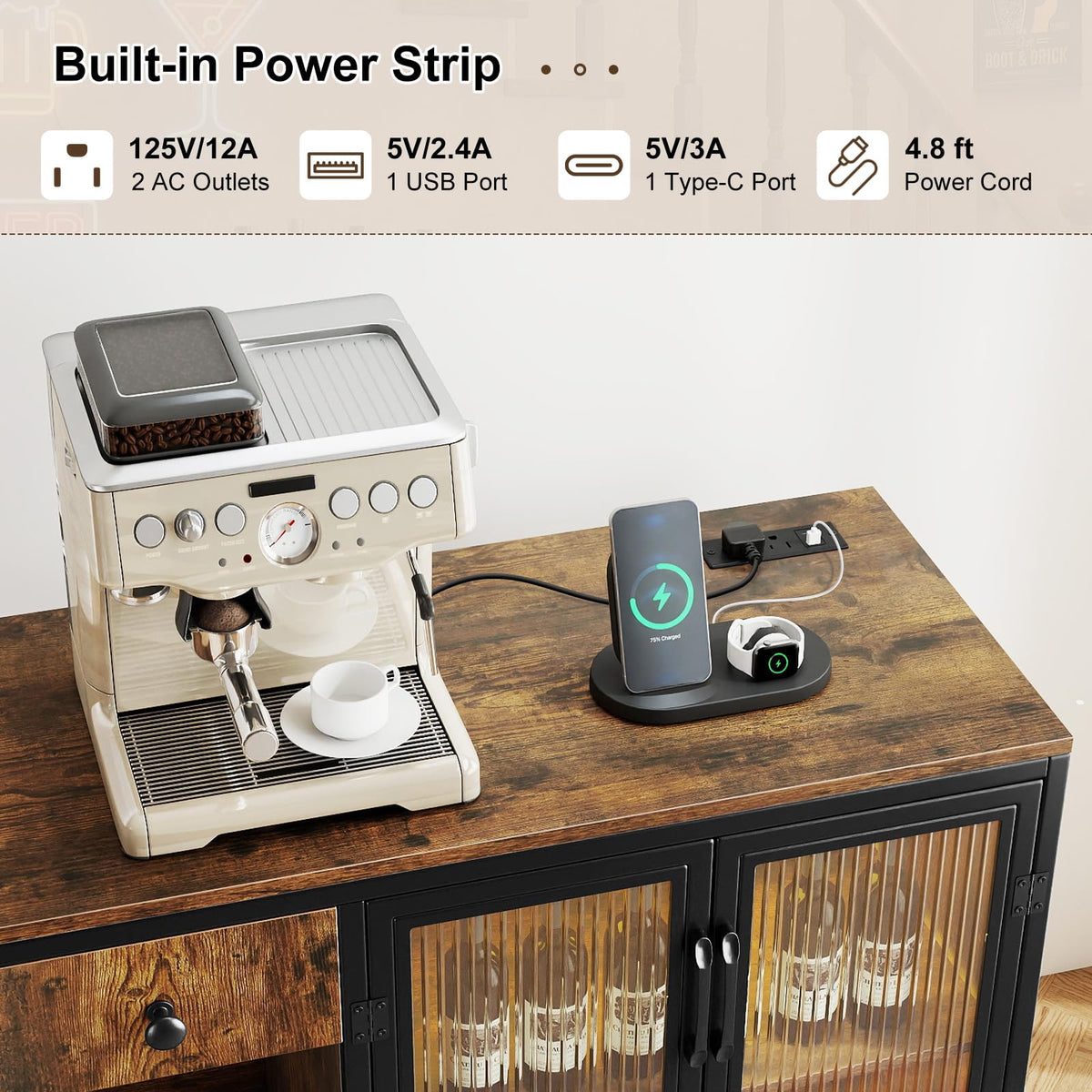 Goflame Industrial Buffet Sideboard with Power Outlets and LED Light