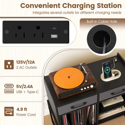 Goflame Large Record Player Stand with Charging Station Mid Century Modern Vinyl Storage Cabinet