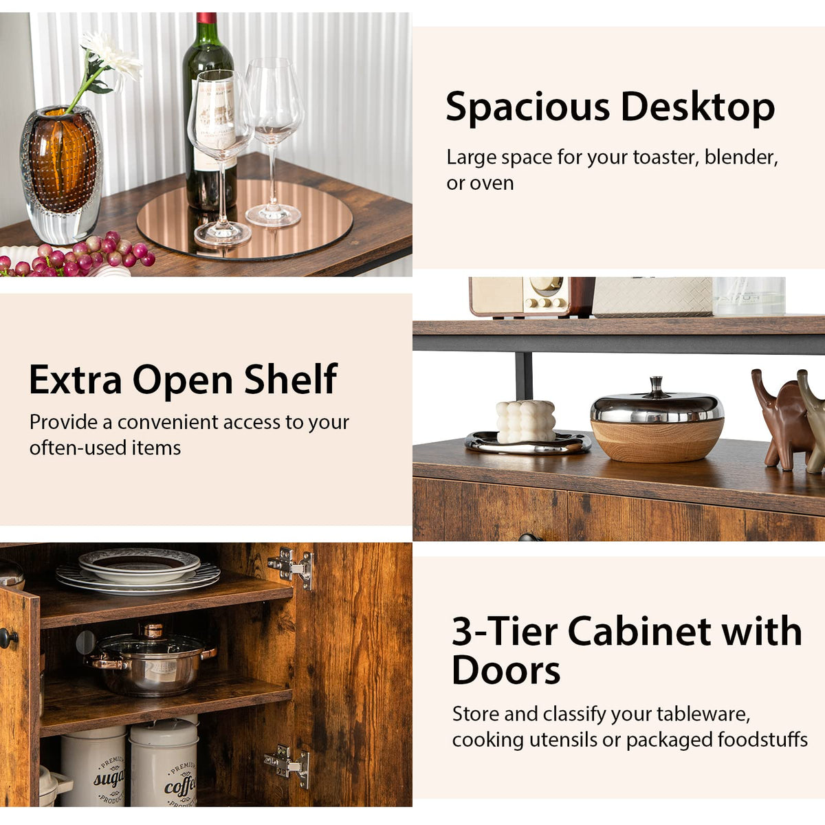 Goflame Buffet Cabinet with Shelf - 2 Door Sideboard Kitchen Storage Cupboard with Shelves (Rustic Brown)