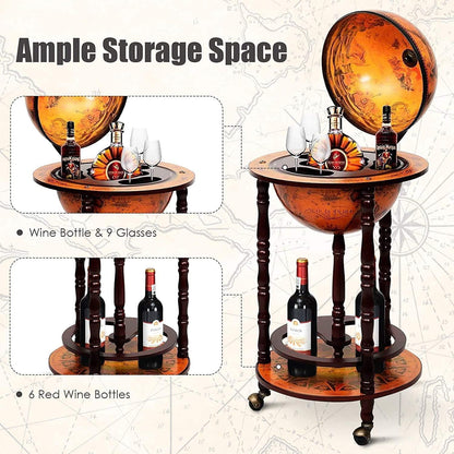Wood Globe Wine Bar Stand, 16th Century Italian Rack Liquor Bottle Shelf