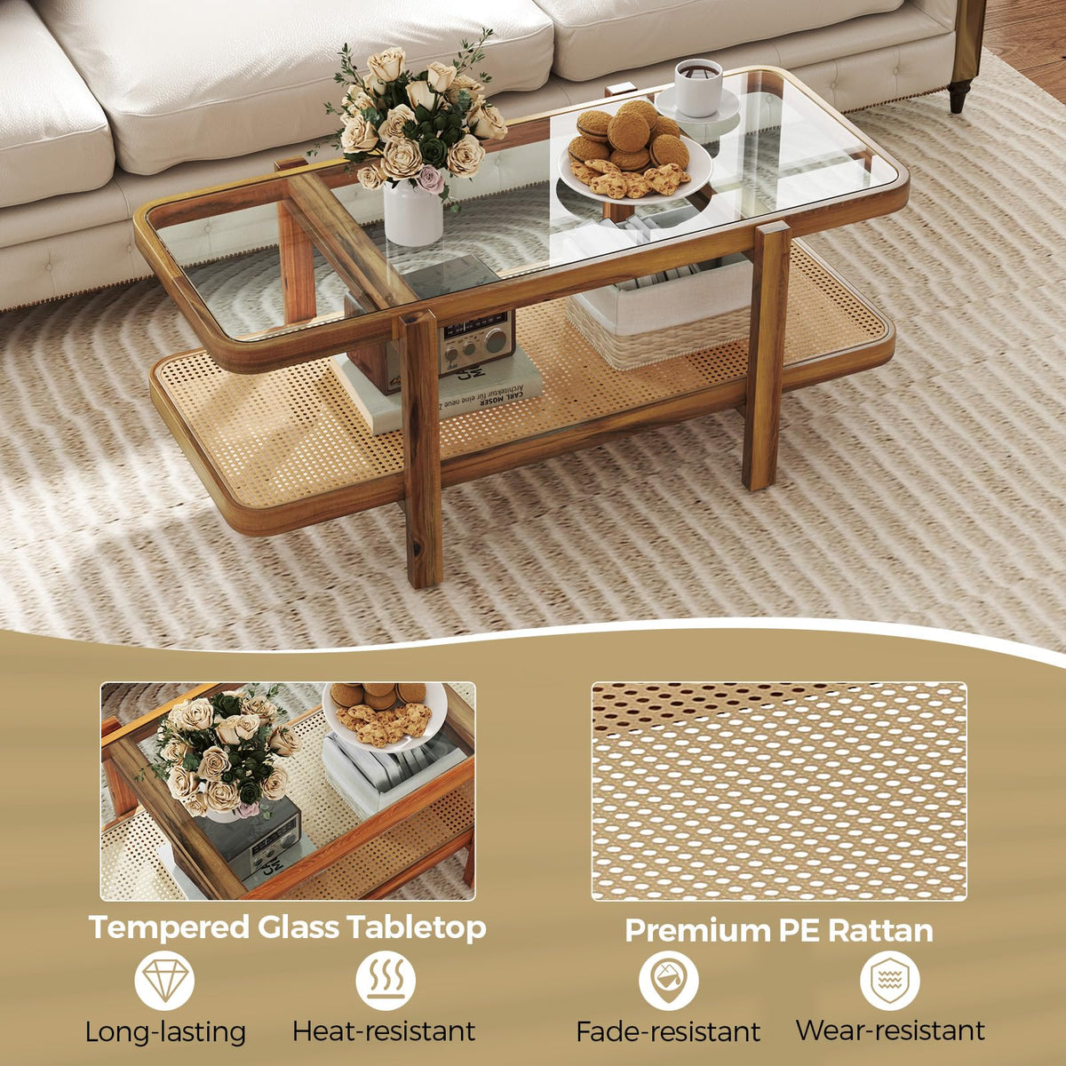 Goflame Rattan Coffee Table, 47.5" Rectangle Solid Wood Tea Table w/Tempered Glass Tabletop