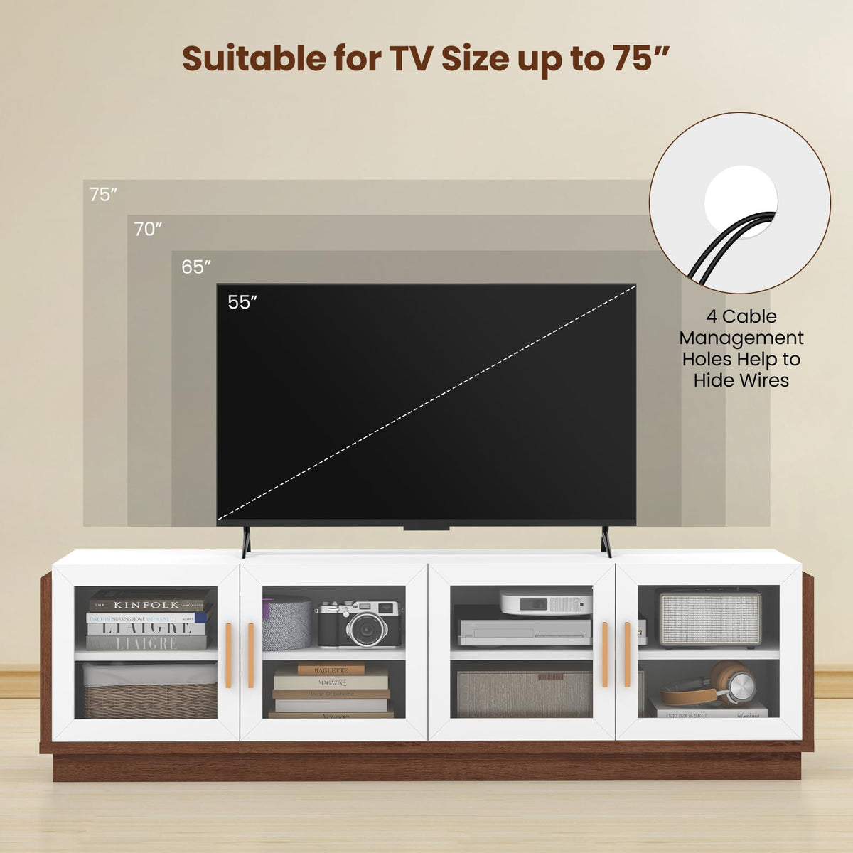 Goflame Large TV Stand for TVs up to 75”, Entertainment Center with 4 Tempered Glass Doors