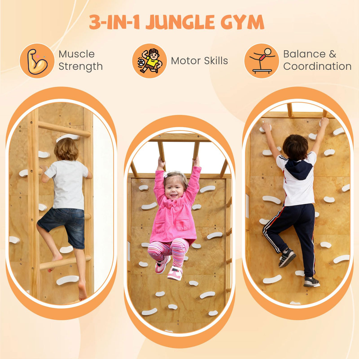 Goflame Twin Bunk Bed with Jungle Gym Wooden Loft Bed with Climbing Ladder