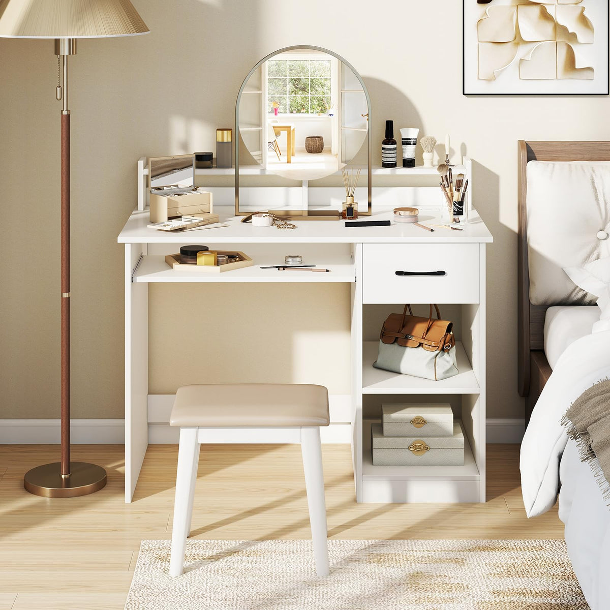 Goflame White Desk with Drawers Modern Home Office Desk