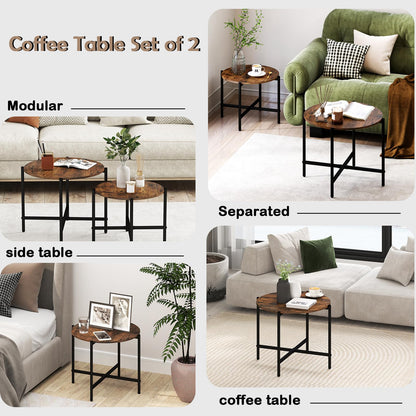 Goflame Round Coffee Table Set of 2, Nesting Tables with Metal Frame, Imitated Wood Grain Top