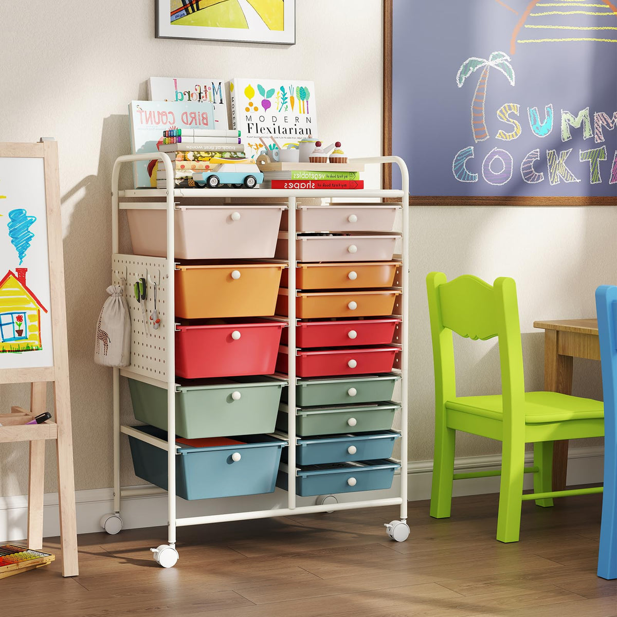Goflame 15 Drawer Storage Cart | Rolling Craft Cart with Metal Tabletop & Pegboard