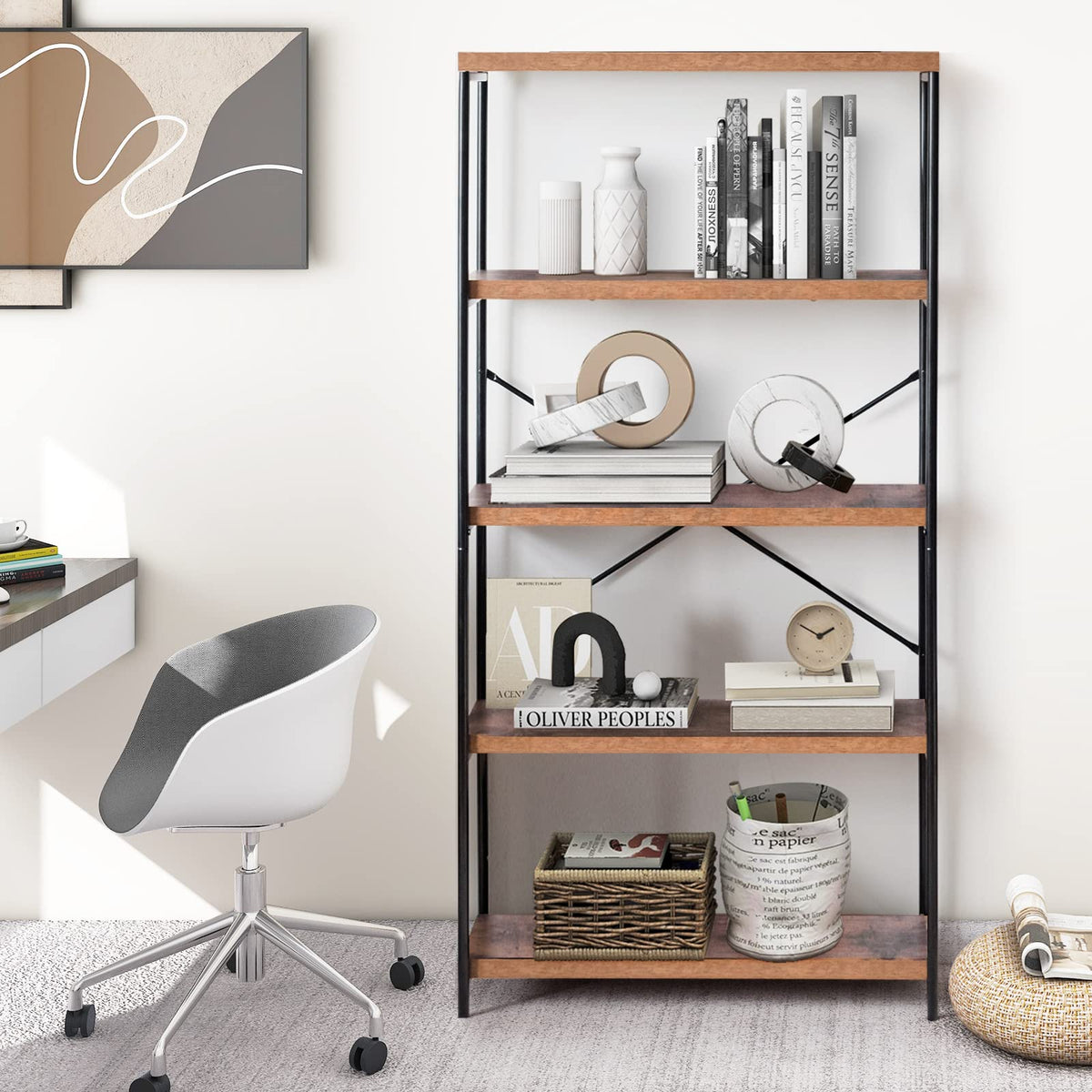 Goflame Industrial 5-Tier Wood Bookshelf - 63’’ Tall Open Storage Organizer Shelves with Anti-Tipping Device and Foot Pads