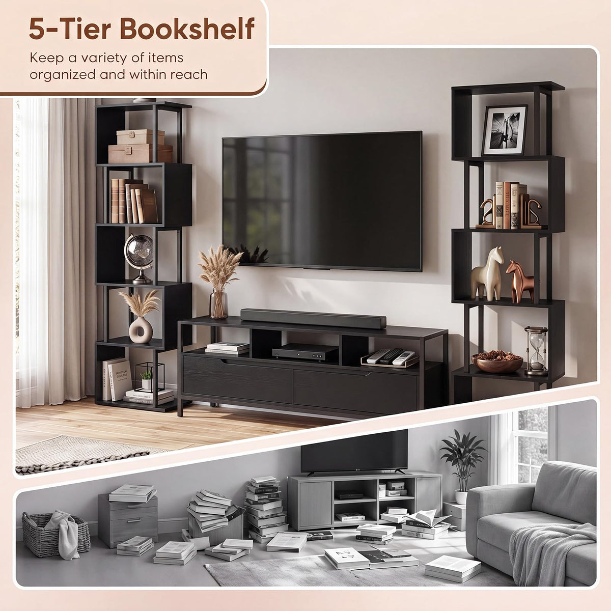 Goflame 5-Tier S-Shaped Wood Bookcase w/Metal Frame (1/2)