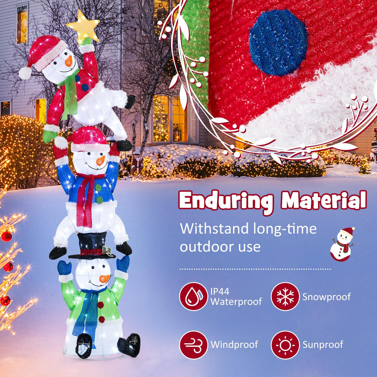 Goflame 6 ft Christmas Stacked Snowman, 3D Pre-Lit Snowman Decoration w/ 155 LED Lights