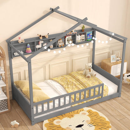 Goflame Twin Floor House Bed with Storage Shelf, Wood Twin Bed Frames with Headboard & Guardrail