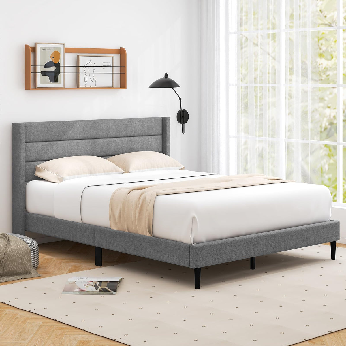 Goflame Queen/Twin Size Bed Frame, Modern Linen Upholstered Platform Bed with Wingback Headboard