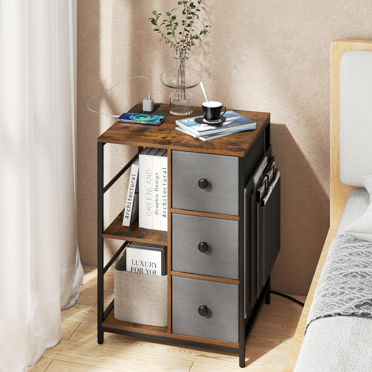 Goflame Industrial Nightstand with Charging Station - End Side Table w/3 Fabric Drawers