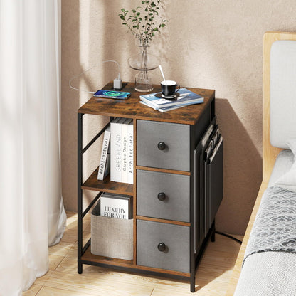 Goflame Industrial Nightstand with Charging Station - End Side Table w/3 Fabric Drawers