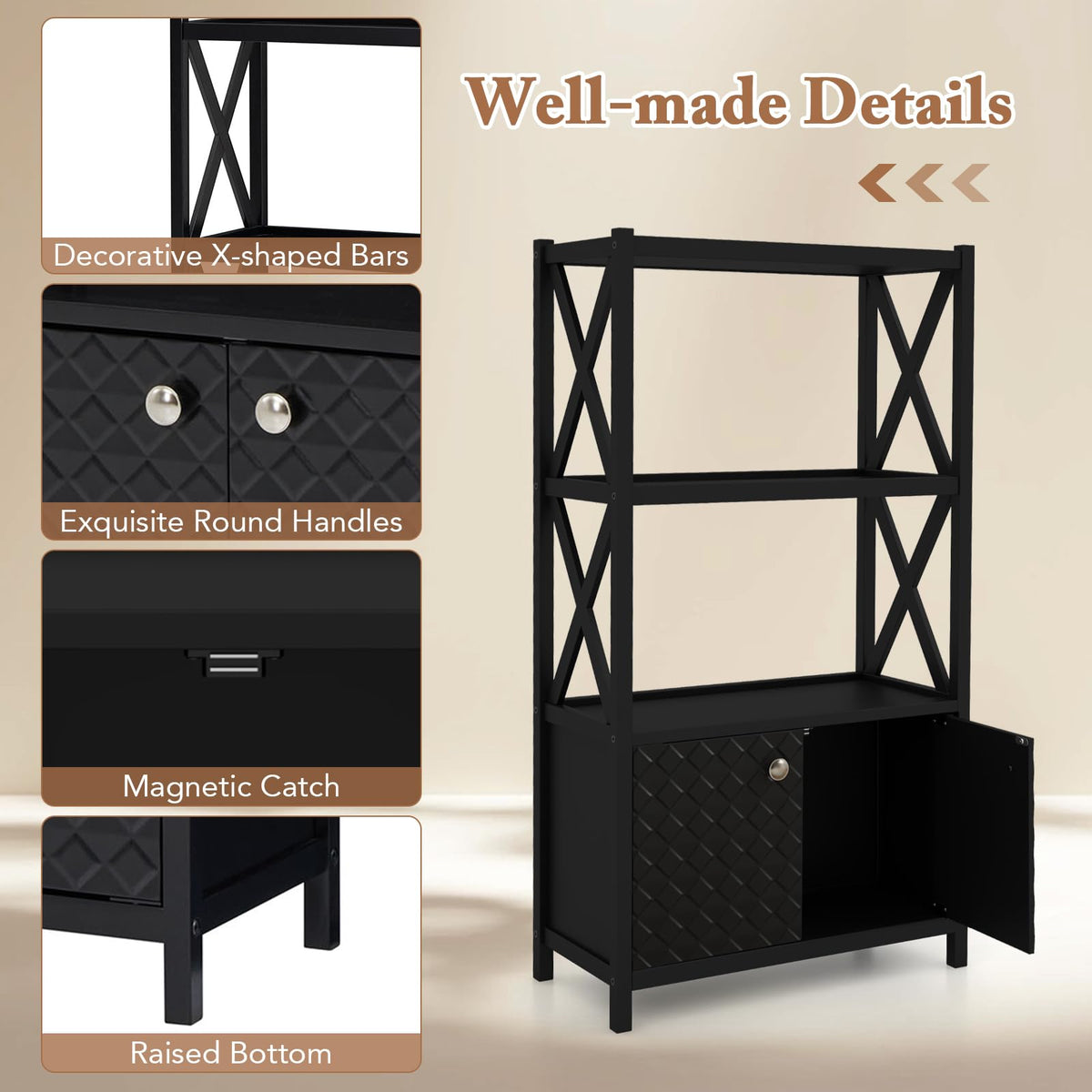 Goflame Storage Cabinet, Freestanding Storage Organizer with Open Shelves, Double Doors