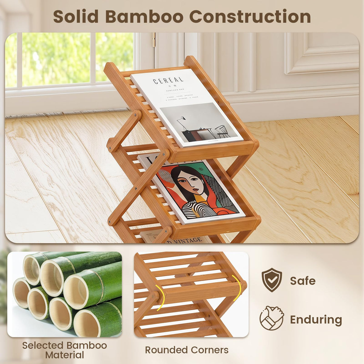 Goflame Foldable Bamboo Magazine Rack with 2 Adjustable Positions