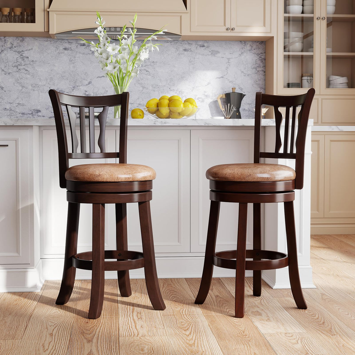 Goflame 26" Upholstered Counter Height Swivel Bar Stools Set of 2/4 with Back and Solid Rubber Frame